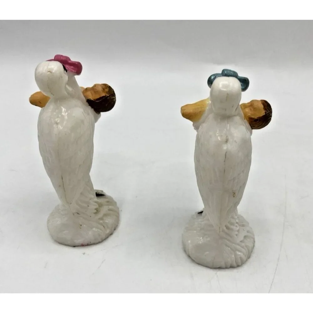 Pair of Vintage 1950s Stork Cake Toppers Pink Blue Celluloid Baby Shower